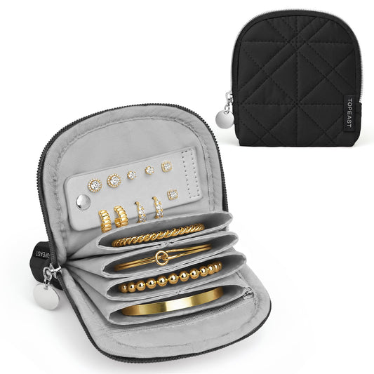 TOPEAST Quilted Travel Jewelry Case for Women, Puffer Jewelry Organizer with Zipper, Portable Small Jewelry Pounch Storage Bag for Rings Earrings Necklaces, Travel Essentials Gift for Women, Black