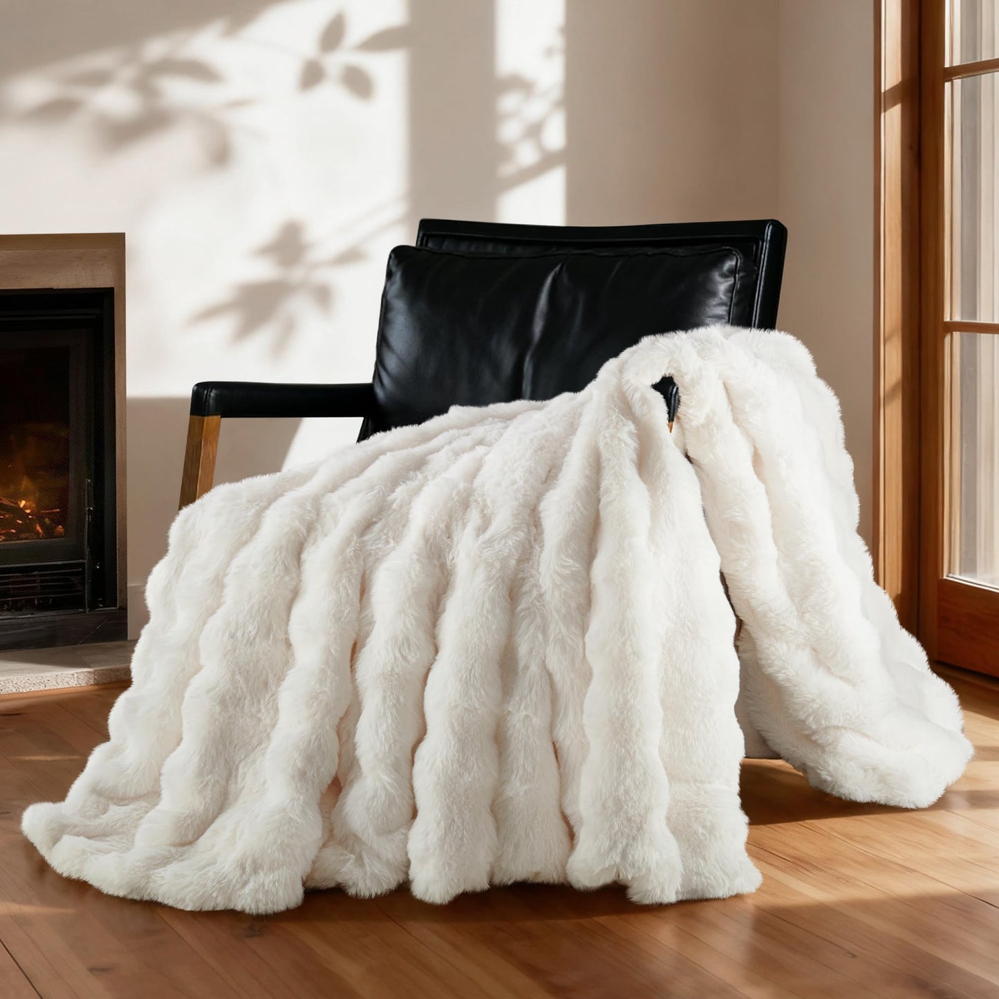 Exclusivo Mezcla Faux Fur Queen Size Blanket for Bed, Luxury Reversible 3D Rabbit Bubble Fuzzy Thick Sherpa Blankets for Winter, Plush Fleece Warm Cozy Bed Throw, 90x90 Inches, White