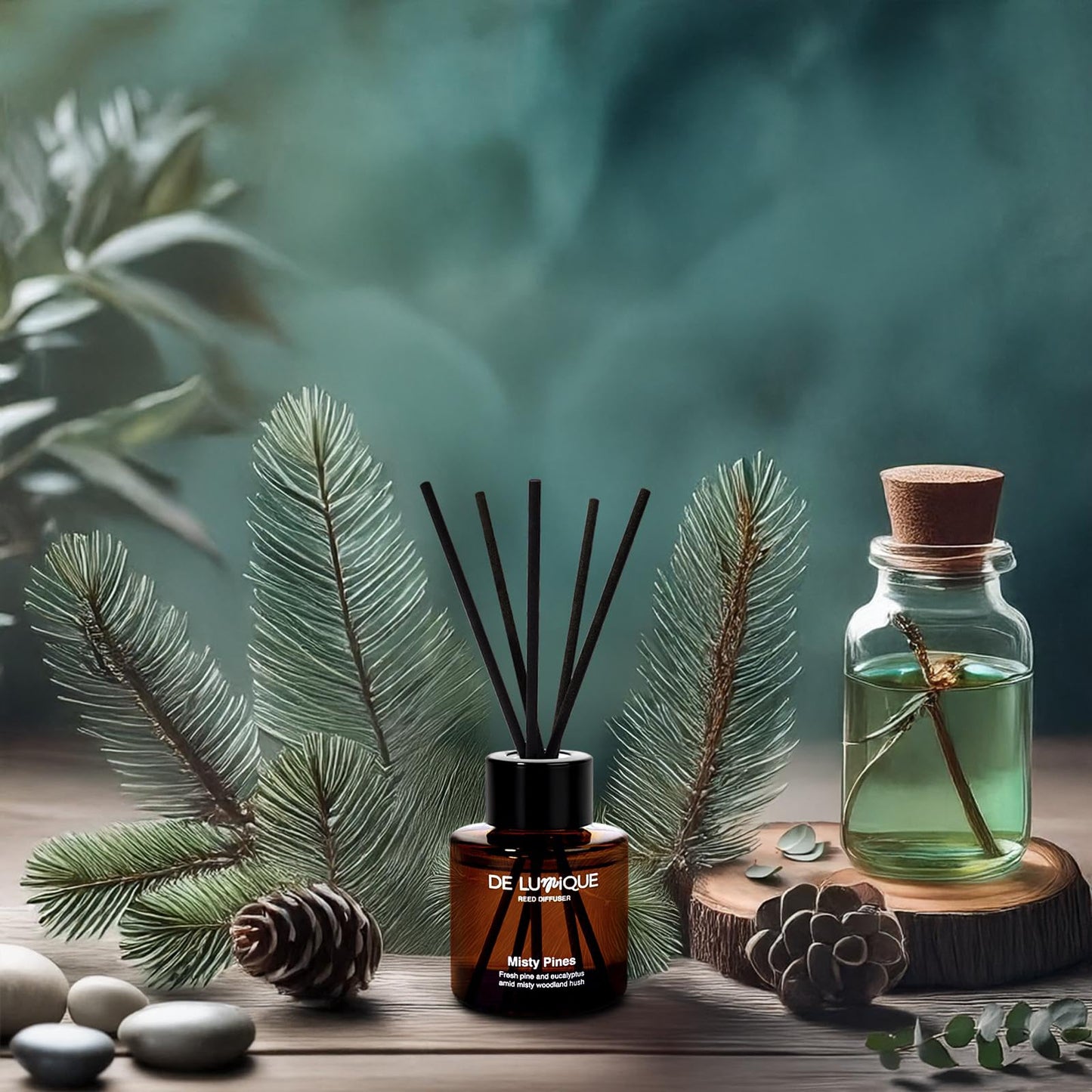 De Lumique Misty Pines Scent Reed Diffuser – Luxury Reed Diffuser with Pine, Eucalyptus & Amber – Long-Lasting, Natural Aromatherapy Scent for Home, Office, or Bedroom – 50ml