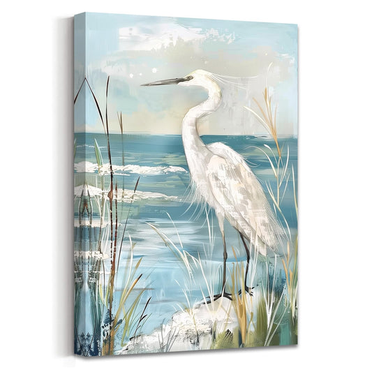 AWPANERAR White Heron Canvas Wall Art Coastal Bird Pictures Prints Blue Ocean Poster Beach Egret with Reed Painting Artwork for Bathroom Decor Framed (18L x 12W)