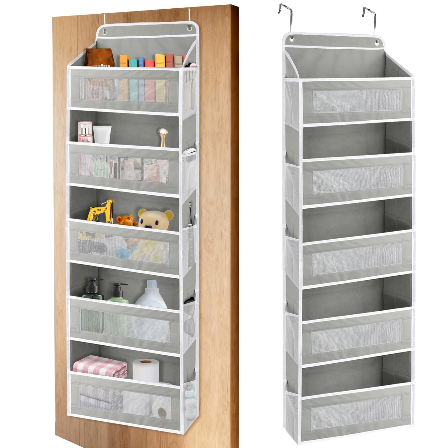 GINOYA Over The Door Storage Organizer with 5 Extra Large Pockets & Side Mesh Pouches, Hanging Closet Door Organizer for Bedroom, Baby Nursery Storage, Anti-Tilt Design, Fits 1.6" Doors-Gray