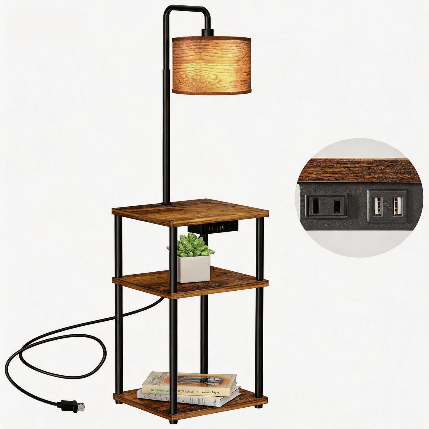 Pazarfami Floor Lamp with Table, Shelves, Side Table with USB Charging Port and Outlet, Modern Bedside Nightstand End Table with Lamp for Living Room, Bedroom, Guest Room, Bulb Included, Wood Grain