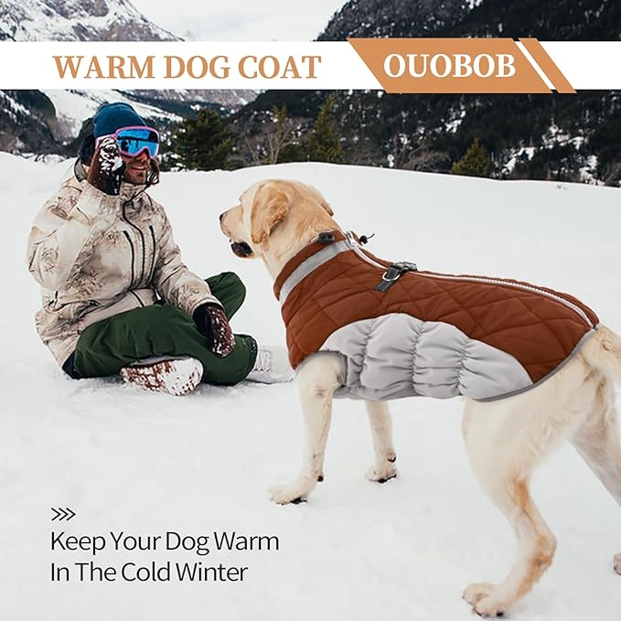 OUOBOB Dog Jackets for Large Dogs, Large Dog Winter Coat, Pet Cold Weather Coats, XXXL Pet Jacket with D-Ring, Waterproof Coat with Back Zipper,Snowsuit Labrador German Shepherd Doberman,Brown,XXXL