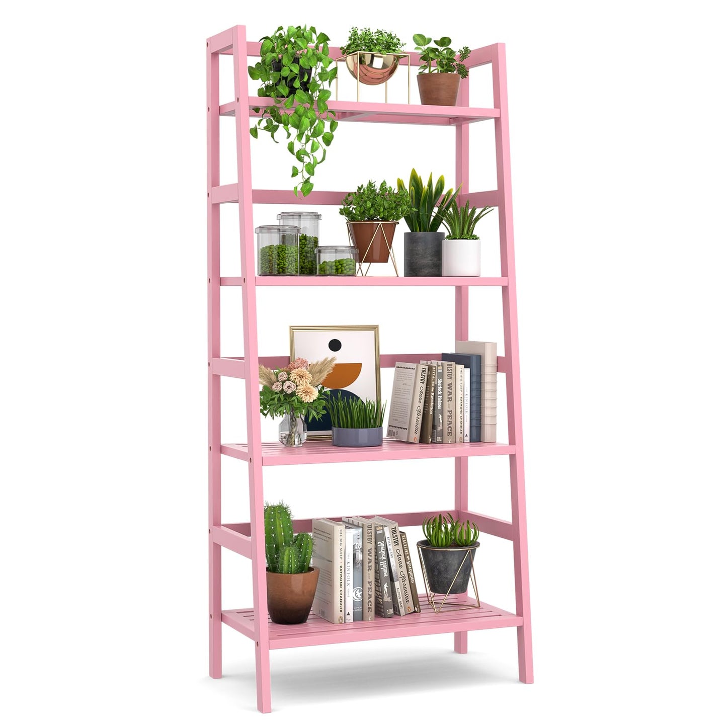Homykic Bamboo Ladder Bookshelf, 4-Tier Ladder Shelf Open Book Shelf Freestanding Bookcase Bathroom Storage Rack Plant Stand for Living Room, Bedroom, Office, Easy Assembly, Pink
