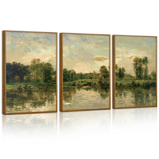 Tinonedraw Vintage Landscape Framed Canvas Wall Art Set of 3, French Country Art Prints, Nature Green Trees and Lake Art Paintings, Rustic Aesthetic Wall Decor for Living Room Bedroom Office 16"x24"x3