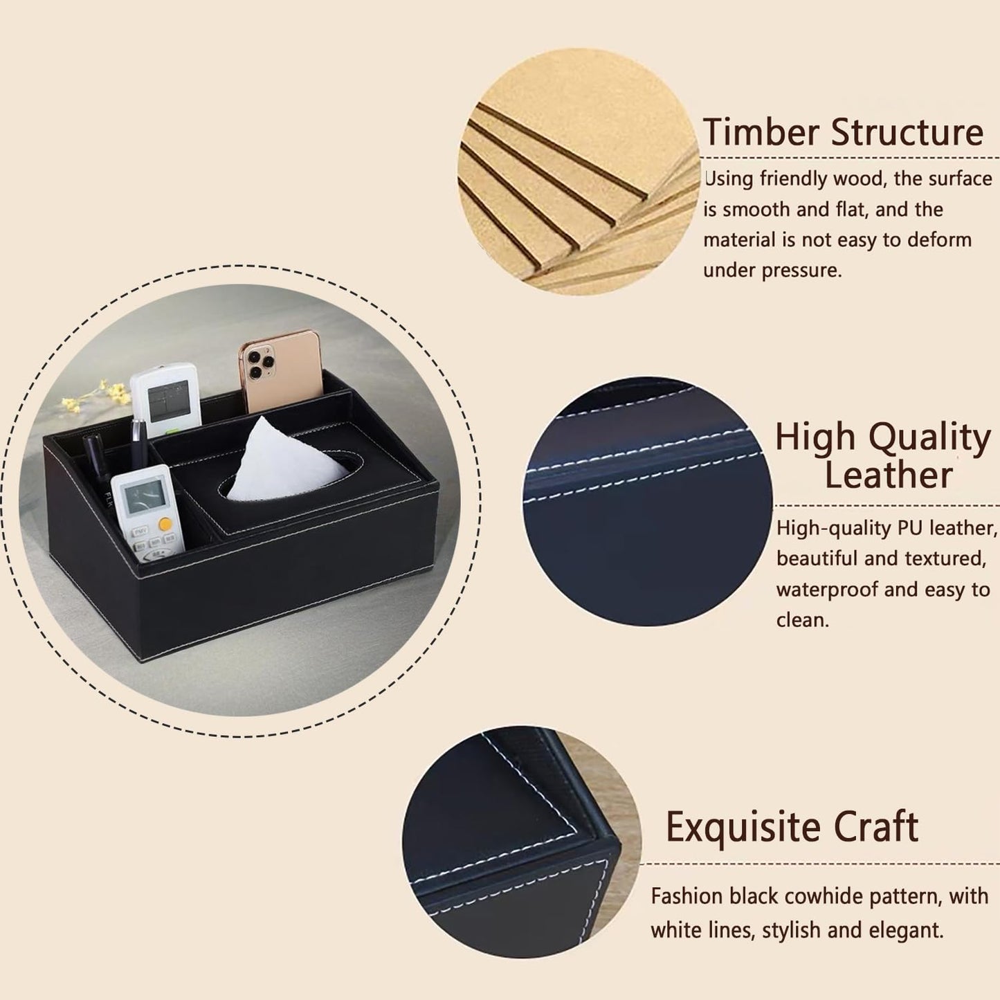Tissue Box Cover- PU Leather Tissue Box Holder-Multifunctional Tissue Box Organizer Cover Hold with Storage Fashion for Vanity Toilet Countertop Office Bathroom Kleenex Box Cover-Black