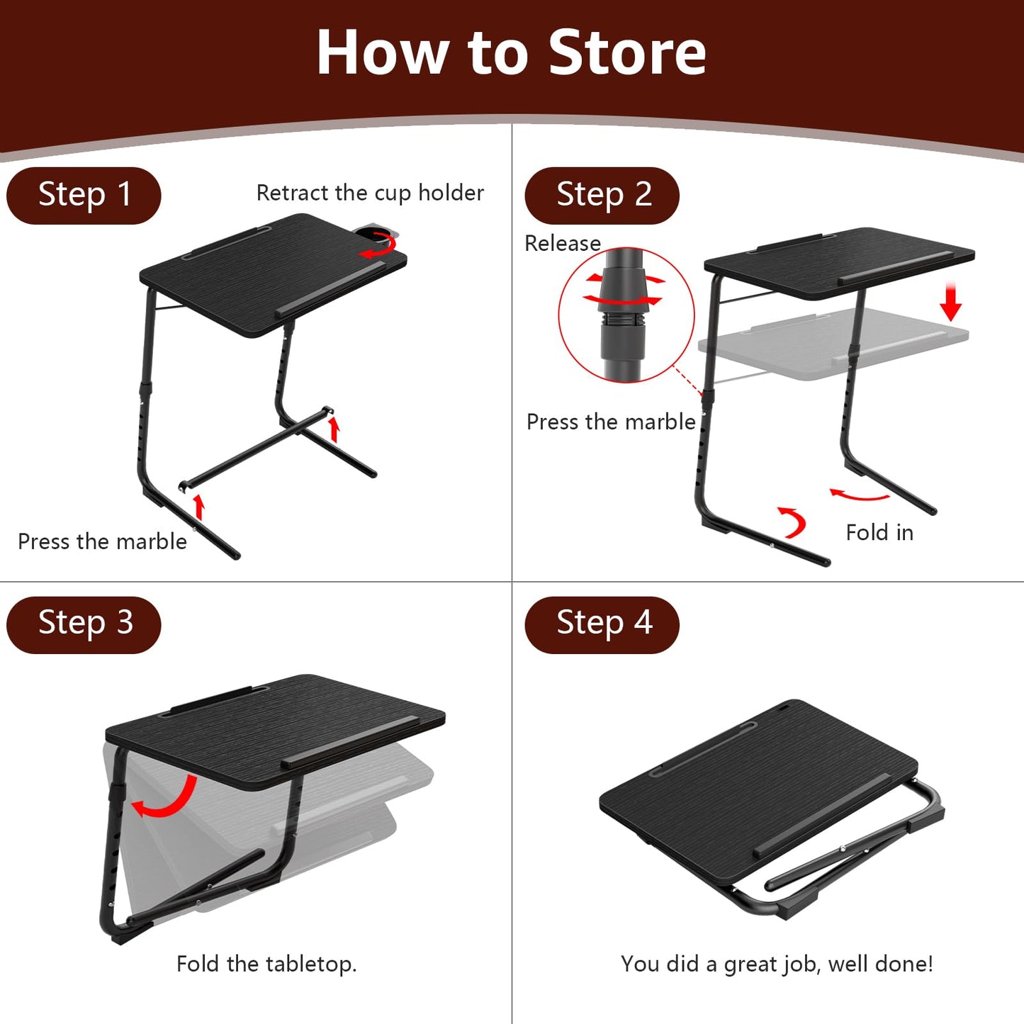 TV Trays Set of 2 - Folding TV Tray Adjustable Dinner Trays for Eating On Couch Wooden Tables Mate Stand Foldable Black Desk with Cup Holder Portable