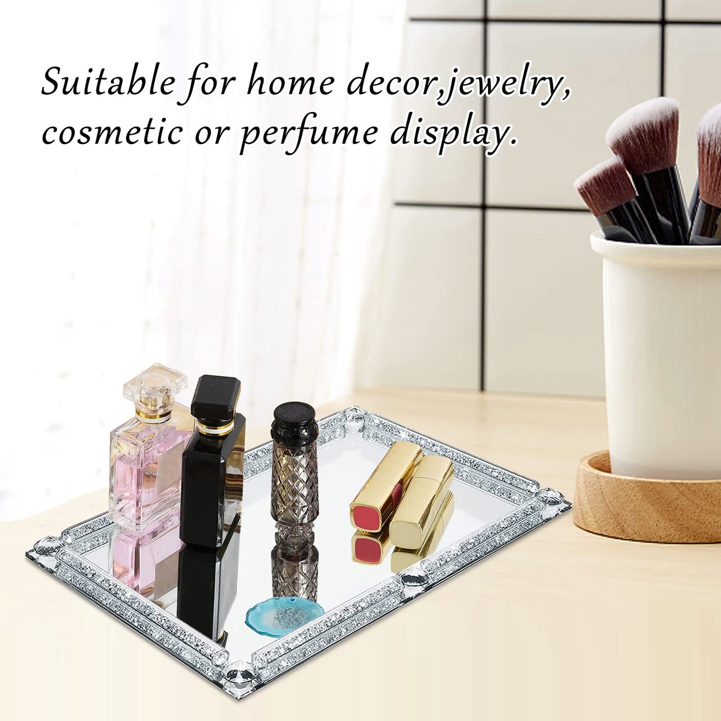 YCWF Mirror Perfume Tray for Dresser,Crushed Diamond Filled Glass Vanity Tray,Decorative Bathroom Tray,Crystal Tray for Home Decorative,Party,Hotel Banquet,11.8"x 7.9"x1.2",Silver