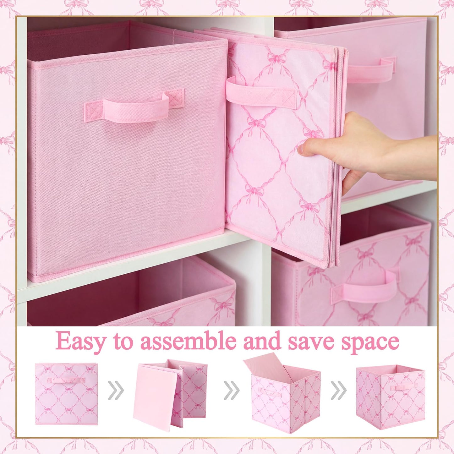 Geelin 6 Pcs Pink and Pink Bow Cube Storage Bins 11 Inch Storage Basket with Handle Cute Preppy Girls Organizer Container Collapsible Fabric Box for Classroom Bedrooms Office Home Decoration Gift