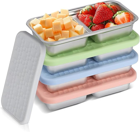 PTYTIFY 4 Pack Stainless Steel Snack Containers with Lids, 2 Compartment Snack Containers, Reusable Food Containers for Home, Travel, Outdoor
