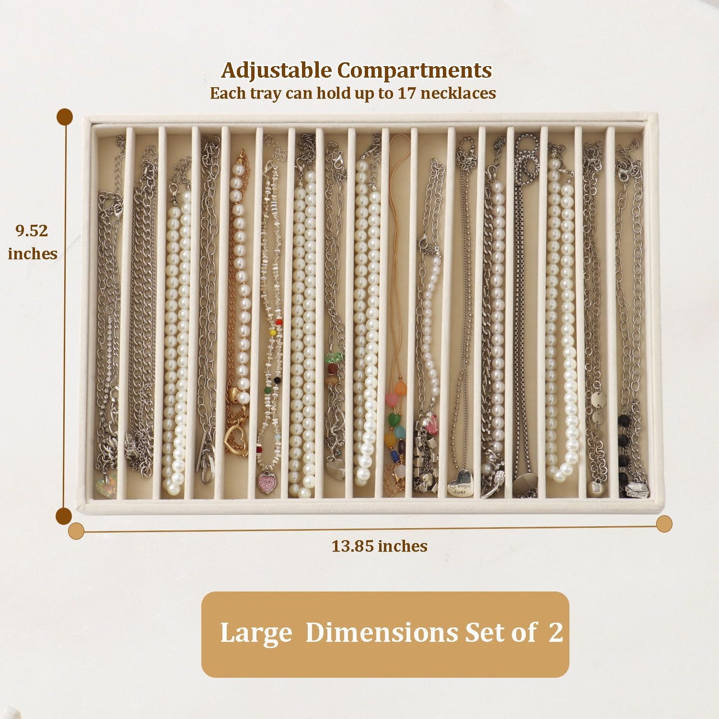 KATISYIO Large Velvet Jewelry Tray 2 Pack Stackable Jewelry Display Drawer Inserts Trays Organizer for Earring Bracelet Necklace Ring (Beige, 16 Grids)