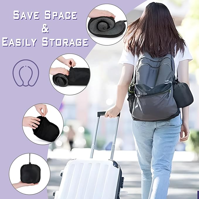 Neck Travel Pillow, Upgraded Memory Foam Pillow for Airplane, Machine Washable, Adjustable Flight Pillow, Suitable for Sleeping Airplane, Car, Office and Home (Dark Blue)