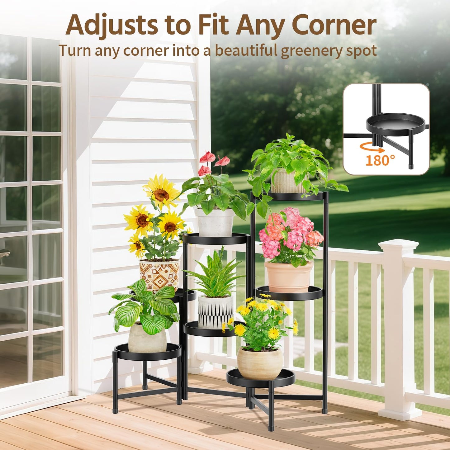 LASZOLA 7 Tier Large Plant Stand Indoor Tall with 10 Inch Metal Tray, Corner Folding Flower Display Rack, Modern Plant Holder Shelf for Outdoor Patio Porch Garden Office Living Room, Black