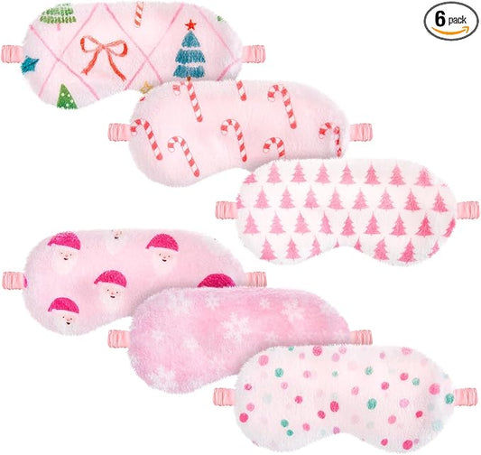 Cuffbow 6 Pcs Plush Sleep Eye Mask Silk Furry Eye Covers for Sleeping Cute Sleep Mask Fluffy Comfortable Sleeping Blindfold for Travel Sleepover Nap Party Supply Women(Christmas,Pink)