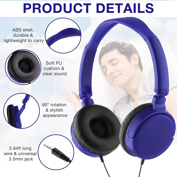 Yunsailing 18 Pack Classroom Headphones Bulk Student Wired Class Headphones Set for School with Individually Wrapped Adjustable Over Ear Head Earbuds (Navy Blue)