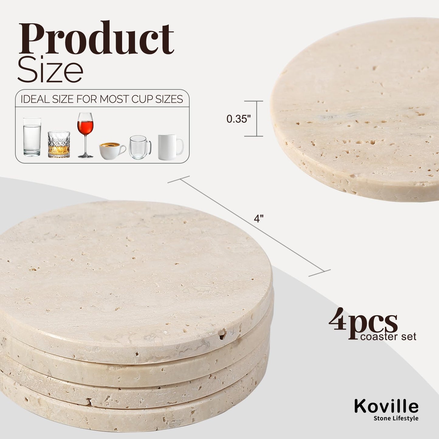 Koville Travertine Coasters, Marble Coaster Set of 4 for Drinks, 4" Round Stone Coasters Set Heat Resistant, Decorative Modern Cup Coaster for Coffee Table Home Bar Decor, Unique Gift Choice(Beige)