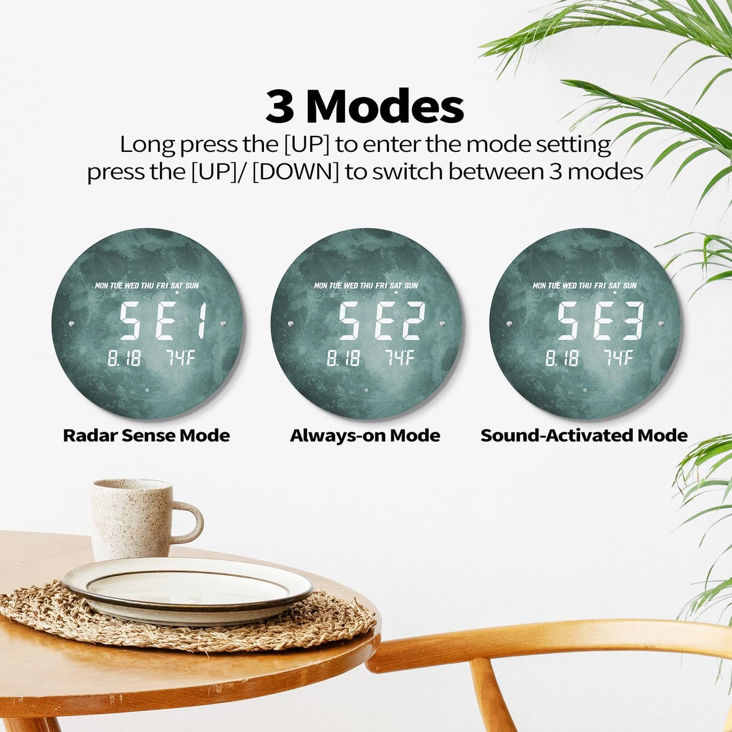 SCOAGE Digital Moon Wall Clock with Temperature/Time/Date, 12'' Modern Led Wall Clock Battery Operated, Smart Dimming, Large Display Decorative for Bedroom/Office/Kitchen