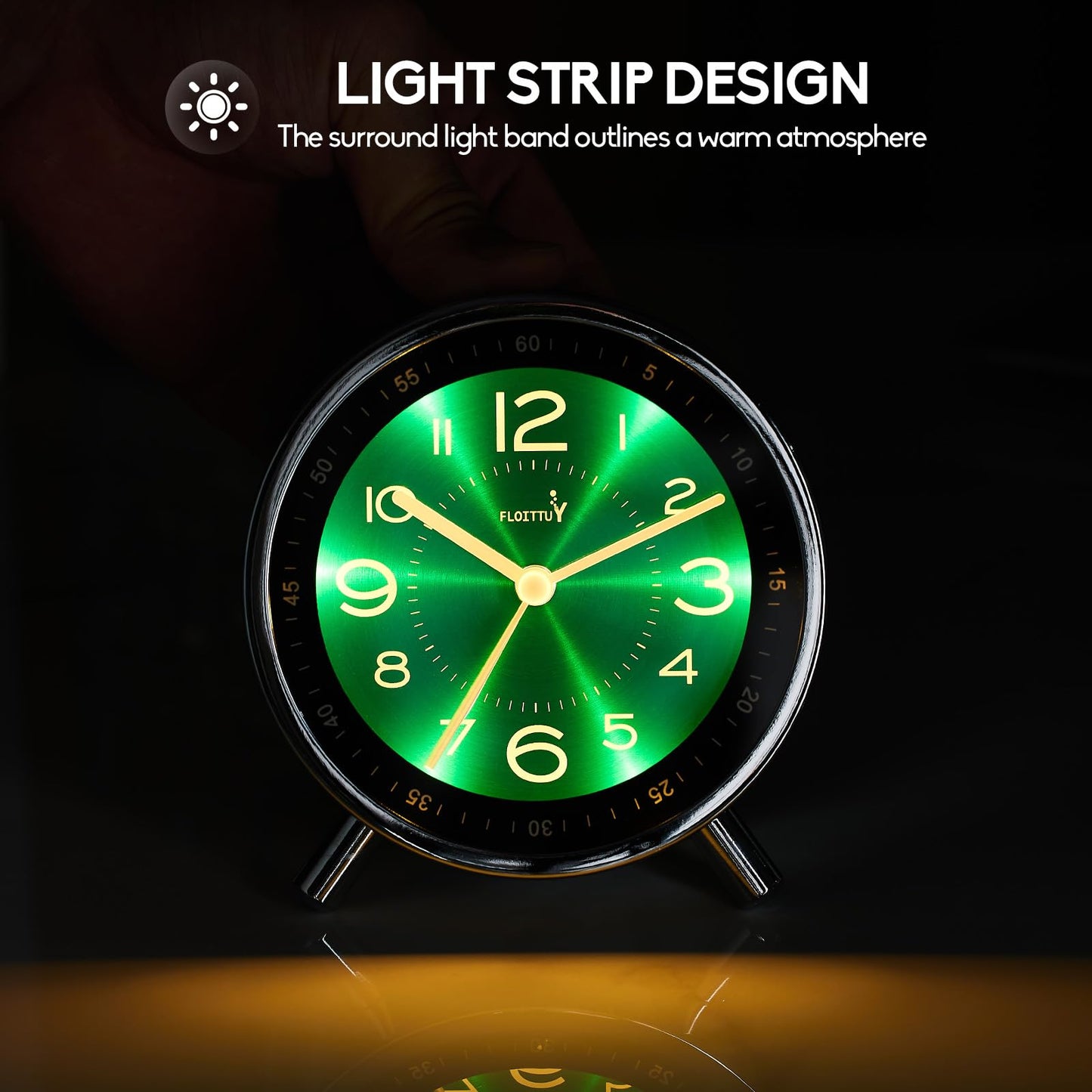 FLOITTUY Super Silent Metal Alarm Clock,Beep Wake Round Alarm Clock with Strip Night Light,Battery Operated,Easy Set,Simple & Retro for Desk, Bedroom and Home Decoration(Emerald Green)