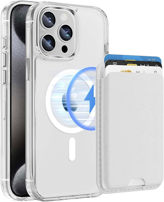 Ntwinro Magnetic for iPhone 15 Pro Clear Case (Compatible with MagSafe) with White Detachable Wallet & Card Holder for 3 Cards [RFID Blocking] Military Grade Protective Slim Phone Cover