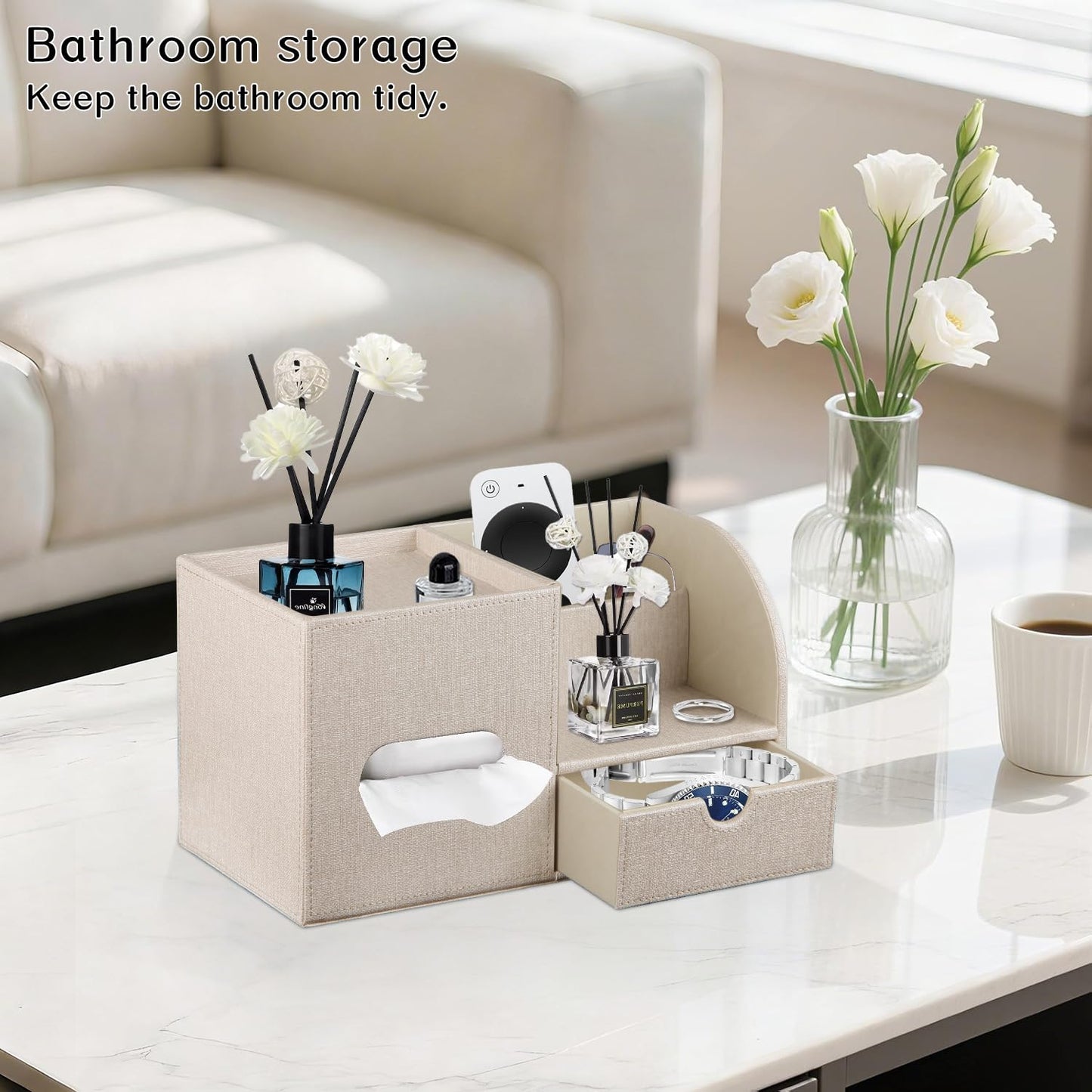 Fanousy Square Tissue Box Cover with Drawer Storage and Tray on Top, PU Leather Tissues Cube Boxes Holder, Modern Nightstand Organizer Caddy, Remote Control Holder for Bathroom, Bedside, Office, Home