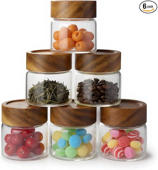 Zoaiirte 6-Pack 6 oz Airtight Food Sealed Jars with Acacia Wood Lids - Glass Meal Prep Containers for Overnight Oats, Snack Storage, Chia Pudding, Pantry Organization Essentials
