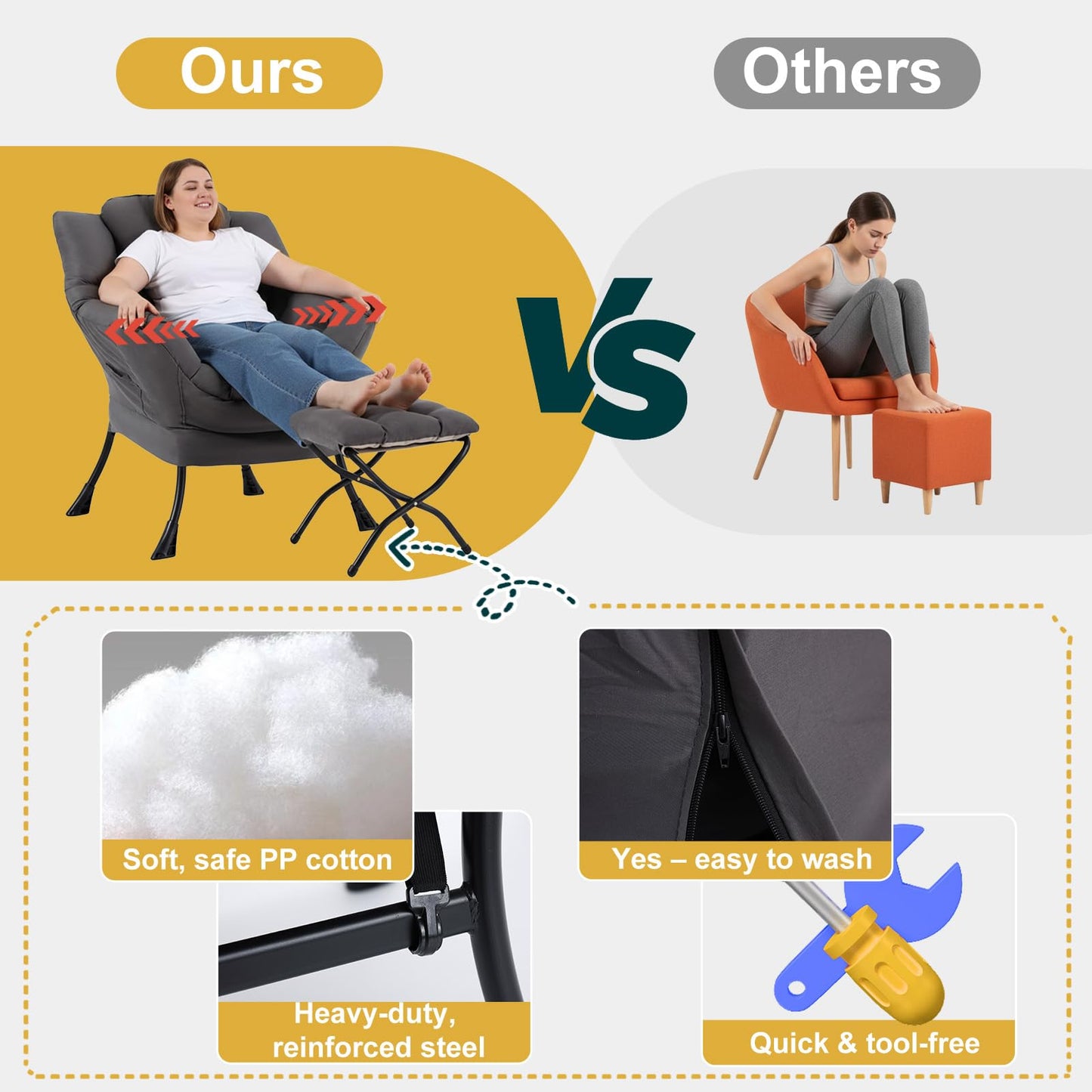 HomEastlly Lazy Chair with Ottoman, Large Accent Chair with Ottoman and a Throw Pillow, Dark Grey Reading Chair for Living Room Bedroom Dorm Room Office Apartment Relaxing Use