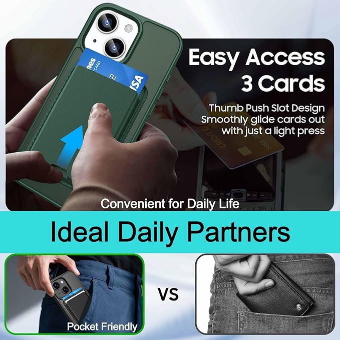 Ntwinro Magnetic for iPhone 13 & iPhone 14 Case (Compatible with MagSafe) with Detachable Wallet & Card Holder for 3 Cards [RFID Blocking] Military Grade Protective Slim Phone Cover, Green