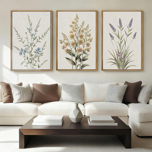 Anyzal Botanical Floral Framed Wall Art Large 16x24 Inch Modern Neutral Wildflower Canvas Art Prints Beige Cream Flower Wall Decor for Living Room Bedroom Dining Room Set of 3