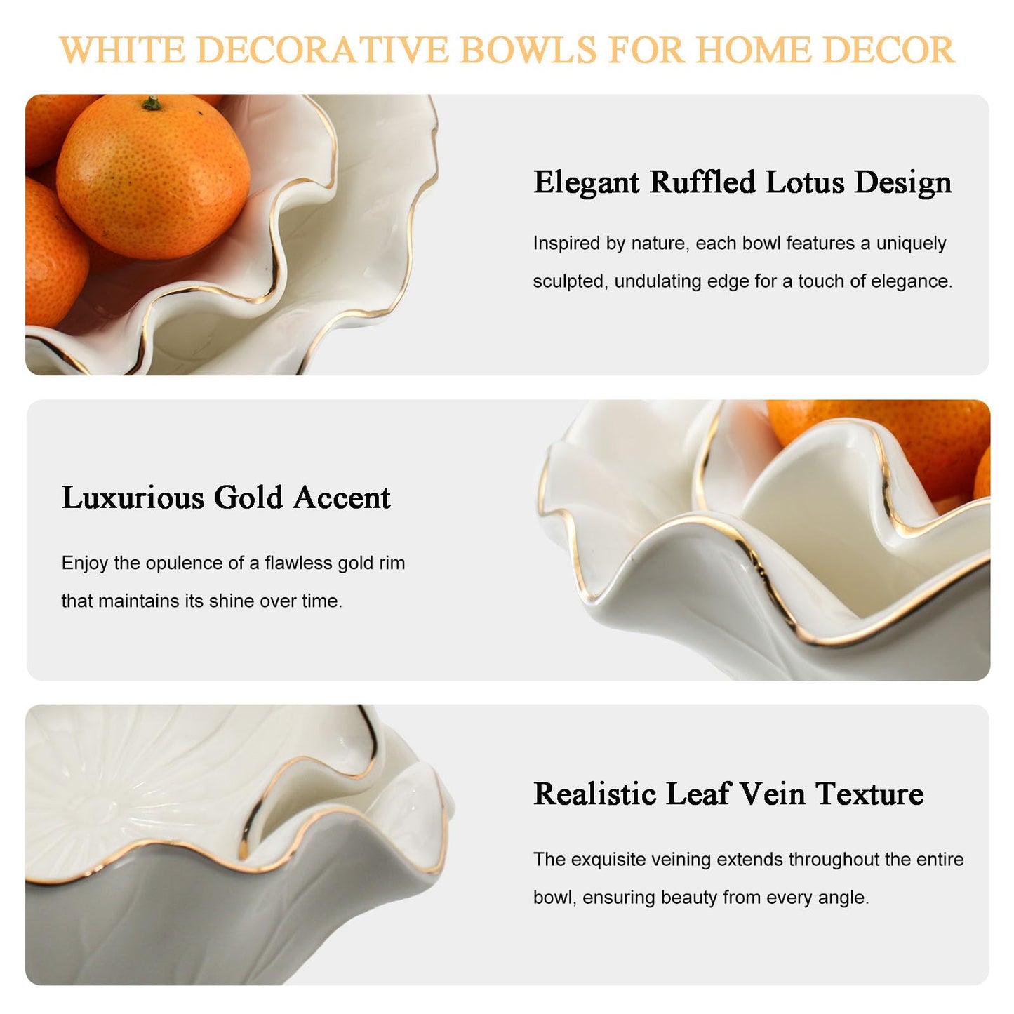 Aimtobest Handcrafted 8" White Ceramic Ruffle Bowl with Gold Trim – Modern Lotus Design, Small Shallow Decorative Bowl for Kitchen Counter & Key Holder for Entryway Table, Catch-All for Home Decor
