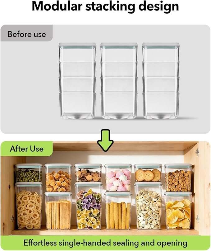 EQI Airtight Food Storage Containers Set with One-Touch Lid, 6-Piece Multi-Size Set (0.6, 1.3, 1.9Qt)*2 Stackable Durable PET for Flour, Cereal, Snacks & Complete Pantry Organization