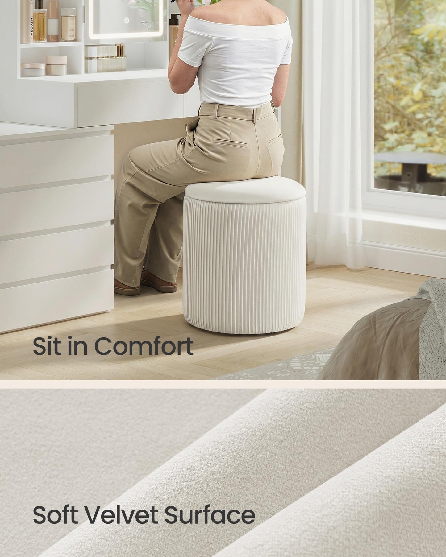 SONGMICS Vanity Stool, Set of 2, Round Storage Ottoman, Small Ottoman Coffee Table, Foot Stool, Removable Lid, for Living Room, Bedroom, Hallway, Easy Assembly, Velvet, Cream White ULOM017WD01