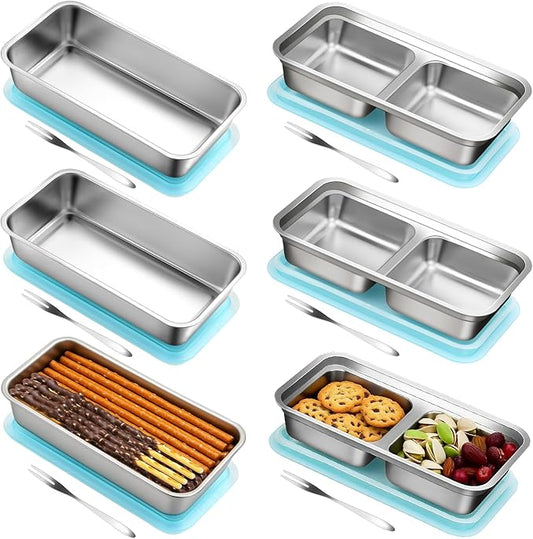 vovoyager Stainless Steel Snack Containers with Lids, Reusable Bento Lunch Container Box, Food Storage, Leak Proof, Dishwasher-Safe, Grab and Go for Work, 3 Single + 3 Double Compartment