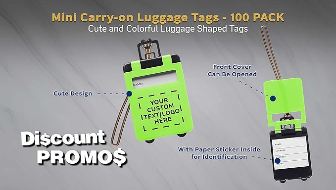 100 Mini Carry-on Luggage Tags Pack - Customizable Text, Logo - Flip Open Cover, ID Sticker - Lime Green