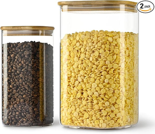 D2scrma 156oz 52oz Airtight Glass Square Storage Canister with Bamboo Lid Set of 2(4600ml*1 1550ml*1) Large Gallon Glass Jars for Sugar, Flour, Cookies and Coffee beans (‎with Black Lable)