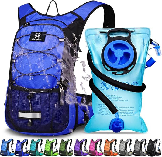 Mothybot Insulated Hydration Backpack Pack with 3L BPA Free Leak Proof Water Bladder, Large Storage Lightweight Hiking Daypack with Waist Pouches & Cooler Layer, for Running, Biking, Camping, Festival