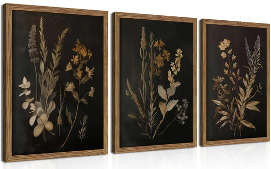 Framed Dark Botanical Wall Art Set of 3, Black Moody Floral Wall Decor Paintings, Dark Academia Decor, Vintage Flower Artwork Prints Pictures for Living Room Bedroom Bathroom 12x16 Inch