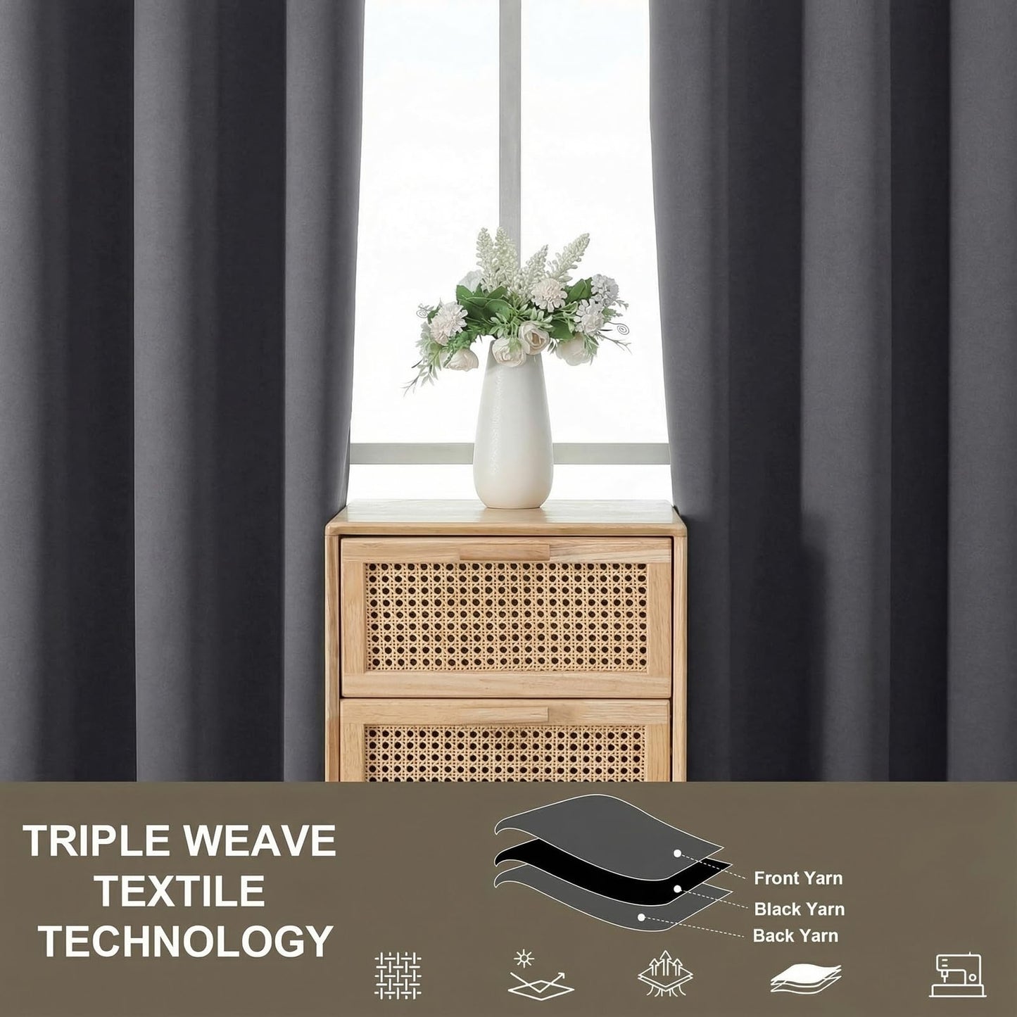 Ebesto 100% Blackout Curtains for Bedroom - Solid Thick Fabric Grommet Thermal Blackout Curtains, Charcoal Grey Window Drapes for Living Room, Noise Reduction, 2 Panels, 2x52Wx90L Inches