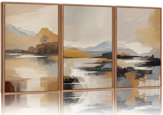 Tinonedraw Beige Abstract Mountain Framed Canvas Wall Art, Mid Century Modern Wall Decor, Rustic Golden Hour Lake Artwork, Neutral Nature Landscape Art Paintings for Living Room Bedroom 16"x24"x3