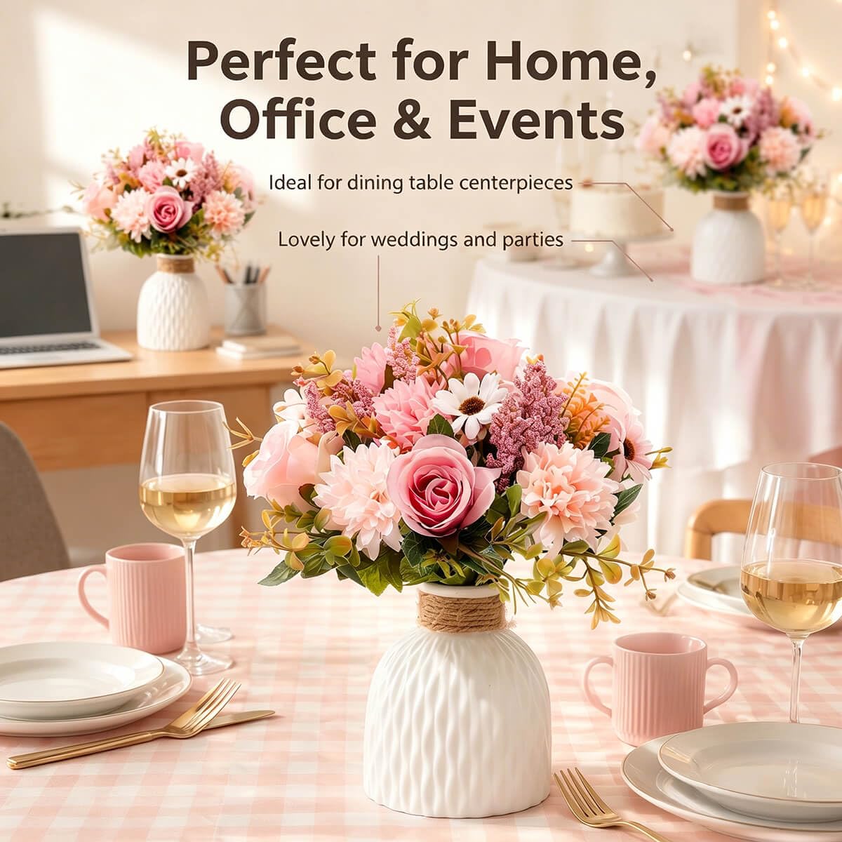 Epicpetal Fake Flowers in Vase, Artificial Pink Flowers in Vase for Decoration Faux Flowers Fake Floral for Home Decor Indoor Dining Table Centerpiece (Pink)