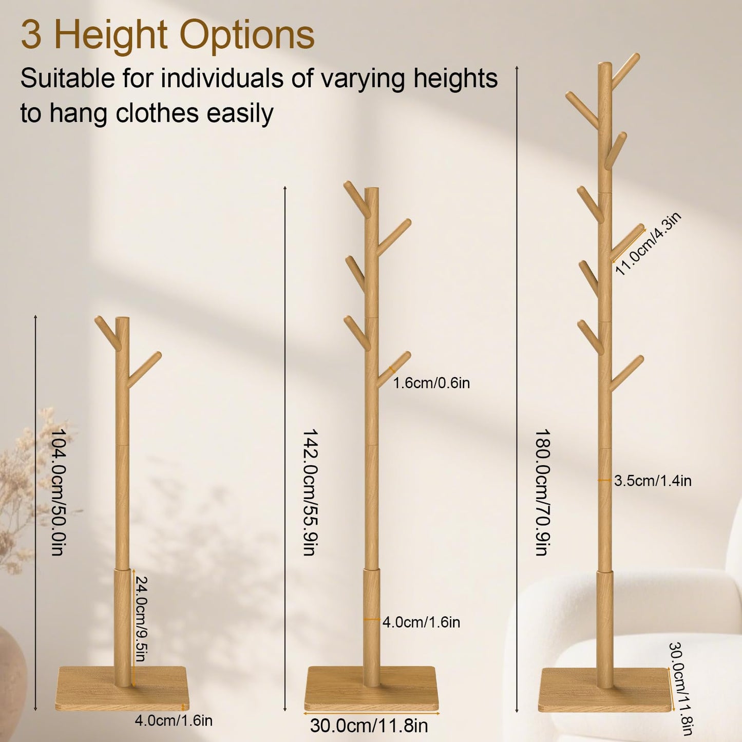 YheenLf Coat Rack Freestanding with Stable Square Base for Cloathes, Hat, Used in Bedroom, Office and Entryway, Sturdy and Easy Assembly Coat Tree with 3 Adjustable Sizes and 8 Hooks, Natural