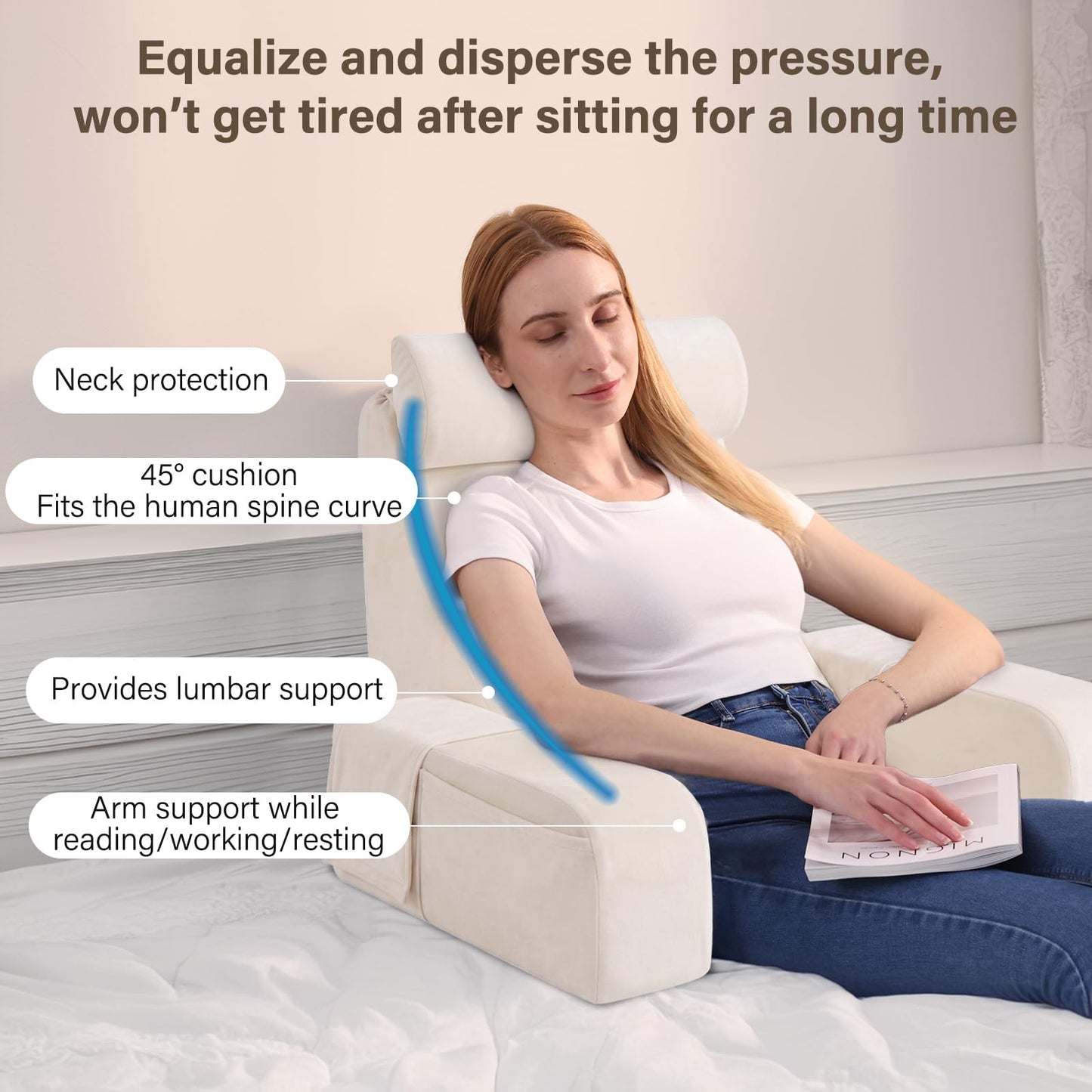 ENITYA 19" Back Pillow for Bed Sitting up, Big Pockets and Washable Removable Cover, Reading Chair for Watching TV/Reading/Gaming/Resting in Bed, Couch or Floor, Medium(Ivory)