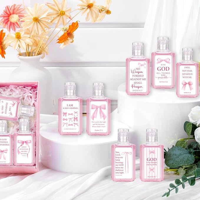 50 Pcs Christian Mini Hand Sanitizer Bulk Coquette Pink Bible Verse Hand Sanitizer Pink Bow Religious Inspirational Favors 1fl oz Travel Size Hand Soap Gift for Christmas Christian Party Supplies