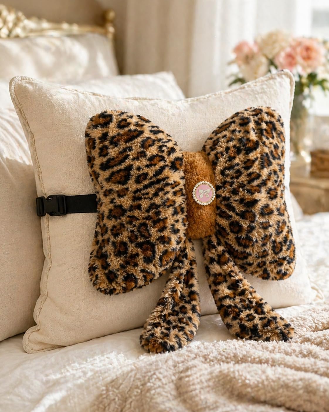 Teyeuf Leopard Print Bow Pillow 12x9 Inch, Cute Plush Bow Shaped Decorative Pillow with Back Strap, Animal Print Room Decor for Bedroom Chair Couch Car