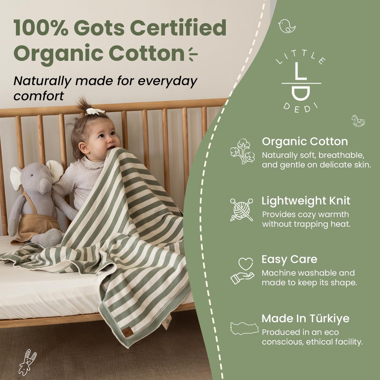 Little Dedi Amelia Organic Cotton Baby Blanket 30x40 in, Earth Ivory – GOTS Certified, Soft Knit for Crib & Stroller, Breathable Swaddle for Newborns, Machine Washable