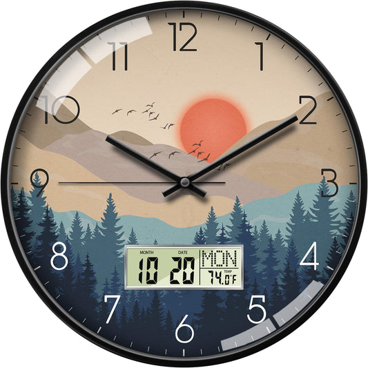 SCOAGE Wilderness Sunset Wall Clock, 12 Inch Silent Non-Ticking Battery Operated Analog Clock with LCD Date Day Temp Display, Decorative for Living Room, Bedroom, Kitchen, Office, Farmhouse, Cabin
