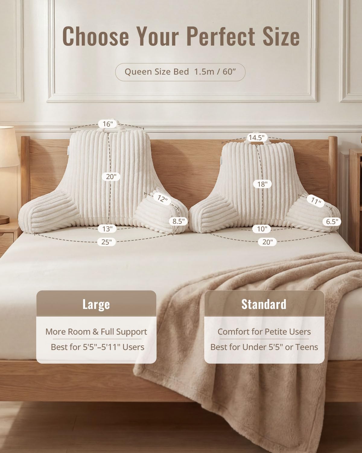 Blissful Diary Reading Pillow for Sitting in Bed, Flannel Back Pillow Bed Sitting Up for Adult & Children, Backrest Cushion for Sit Up in Couch or Floor, Dorm Essentials, Cream White