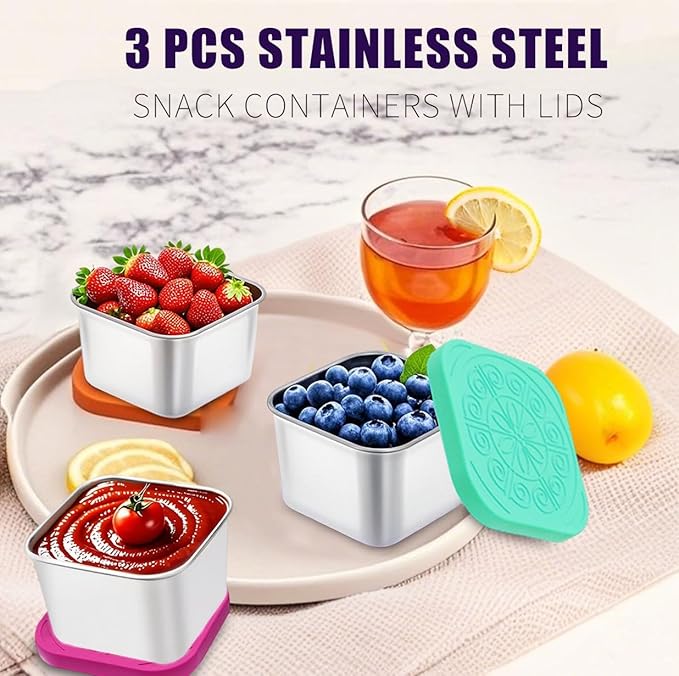 sagact 304 Premium Stainless Steel Snack Containers with Silicone Lids, Snackle Box Containers, Easy-Open Leak-Proof Kids for Taking Out for a Picnic, Lunch Box and Travel. (Red Orange Blue-3, 6 OZ)
