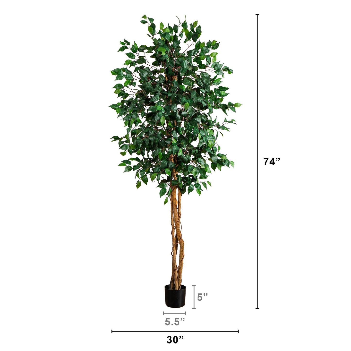 Nearly Natural 74in Artificial Triple Trunk Ficus Tree, Faux Greenery with Natural Wood Trunks for Indoor Home Decor