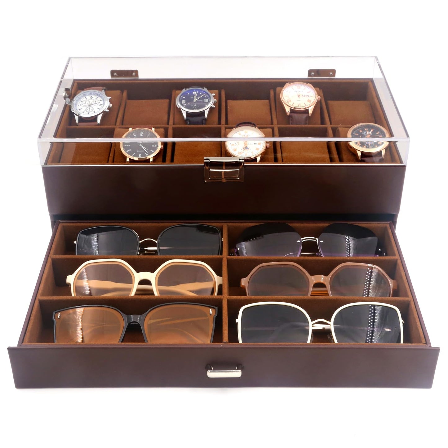 KLOUD City 12-Slot Watch Box with Lockable Drawer Acrylic Display Lid | Velvet Organizer for Luxury Watches, Jewelry & Eyewear (brown-W3002)