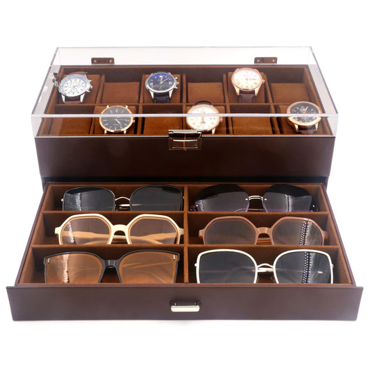 KLOUD City 12-Slot Watch Box with Lockable Drawer Acrylic Display Lid | Velvet Organizer for Luxury Watches, Jewelry & Eyewear (brown-W3002)
